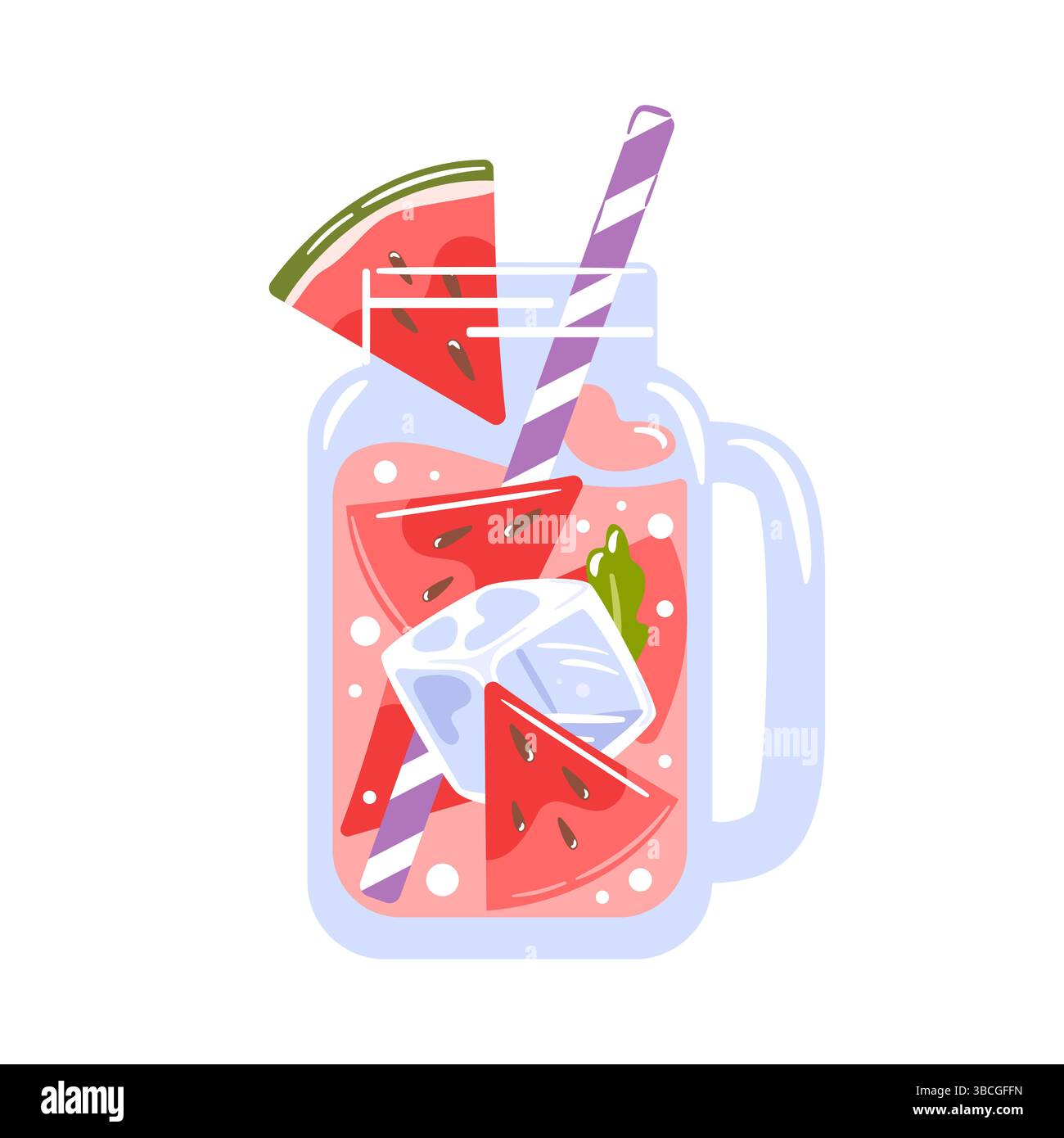 Limonade rafraîchissante à la pastèque dans une tasse en verre transparent, garnie de morceaux de fruits et de feuilles de menthe, garnie de glaçons, servie avec une paille colorée. Illustration de Vecteur