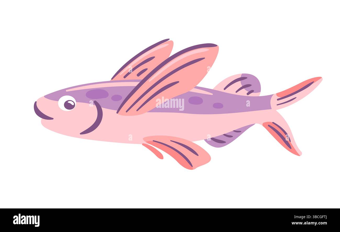 Cette illustration vectorielle présente un poisson volant dynamique sautant gracieusement au-dessus de la surface de l'océan. Ses écailles chatoyantes reflètent la lumière du soleil, capturant Illustration de Vecteur