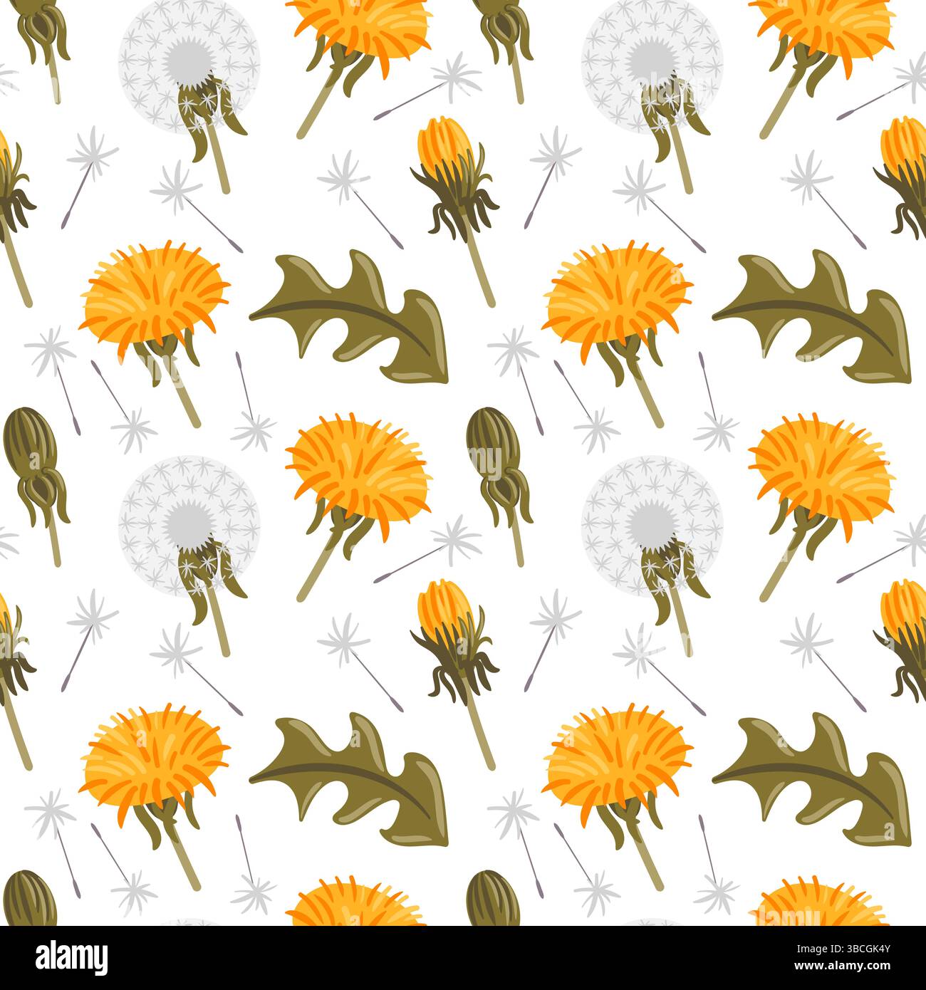 Un motif captivant avec des pissenlits éclatants sur un fond vert luxuriant. Le design animé met en valeur les fleurs joyeuses et moelleuses Illustration de Vecteur