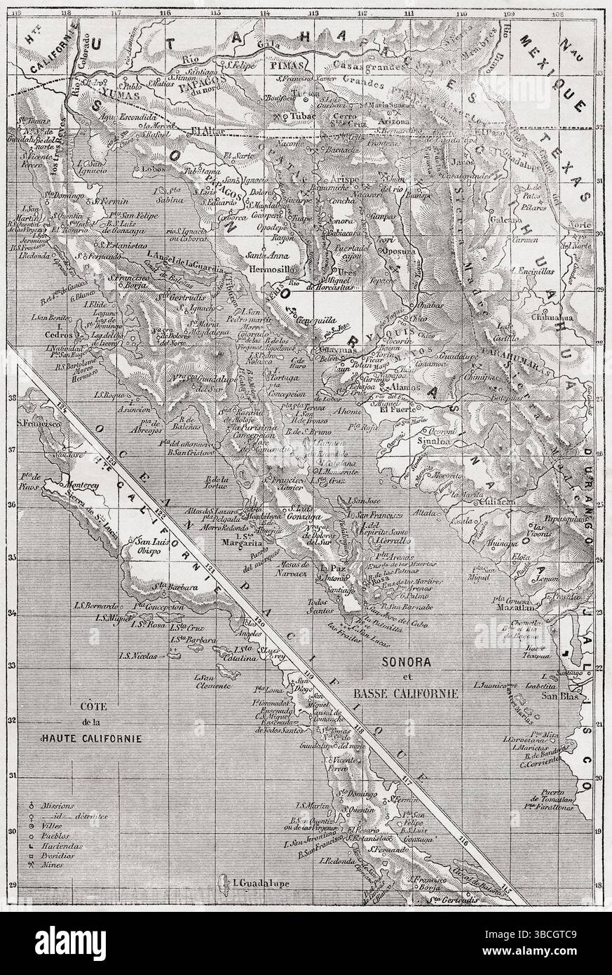 Carte du XIXe siècle montrant Sonora, le Mexique, la basse-Californie et l'Alta-Californie. From voyage to Mexico by M.E. Vigneaux, 1854-1855. En vedette dans le Tour du monde, publié en 1862. Banque D'Images