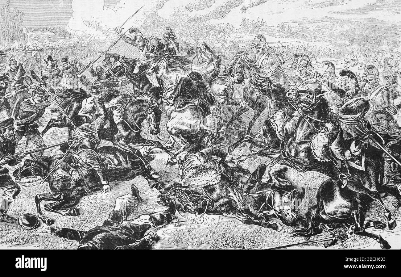 Attaque des cuirassiers bavarois sur l'infanterie prussienne, Prusse, guerre allemande, bataille de champ, cavaliers, armée, chute, mort, blessures, armes, fusils, épées Banque D'Images