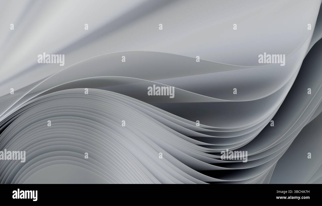 Des vagues et des courbes grises abstraites créent un design fluide et dynamique dans un style minimaliste. Illustration du blender Banque D'Images