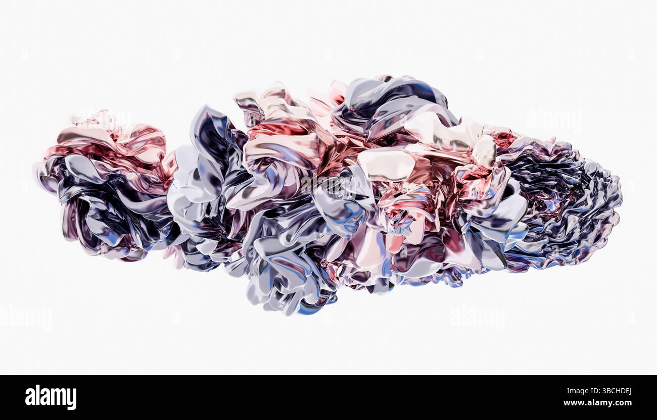 Sculpture métallique tourbillonnante abstraite avec des nuances de rose, violet et bleu sur un fond blanc. Illustration, rendu 3D Blender Banque D'Images