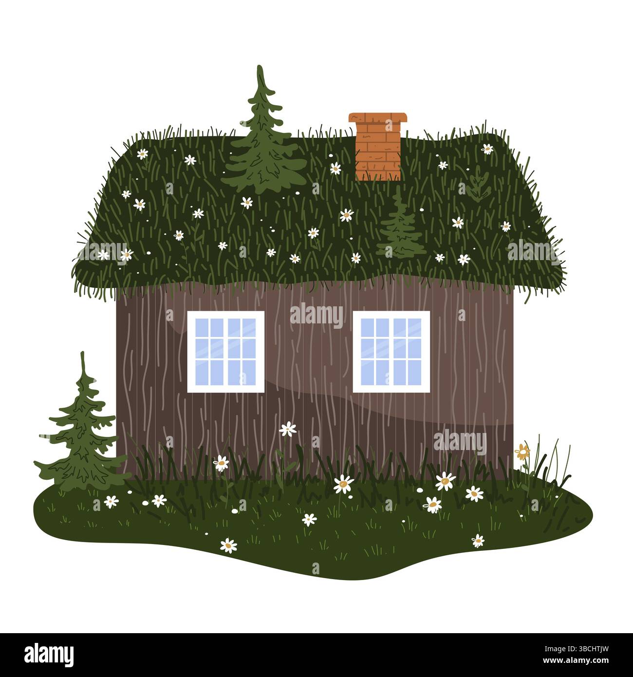 Jolie vieille maison scandinave en bois avec un toit d'herbe verte sur une pelouse en Marguerite. Hytter norvégien. Illustration isolée vectorielle. Illustration de Vecteur