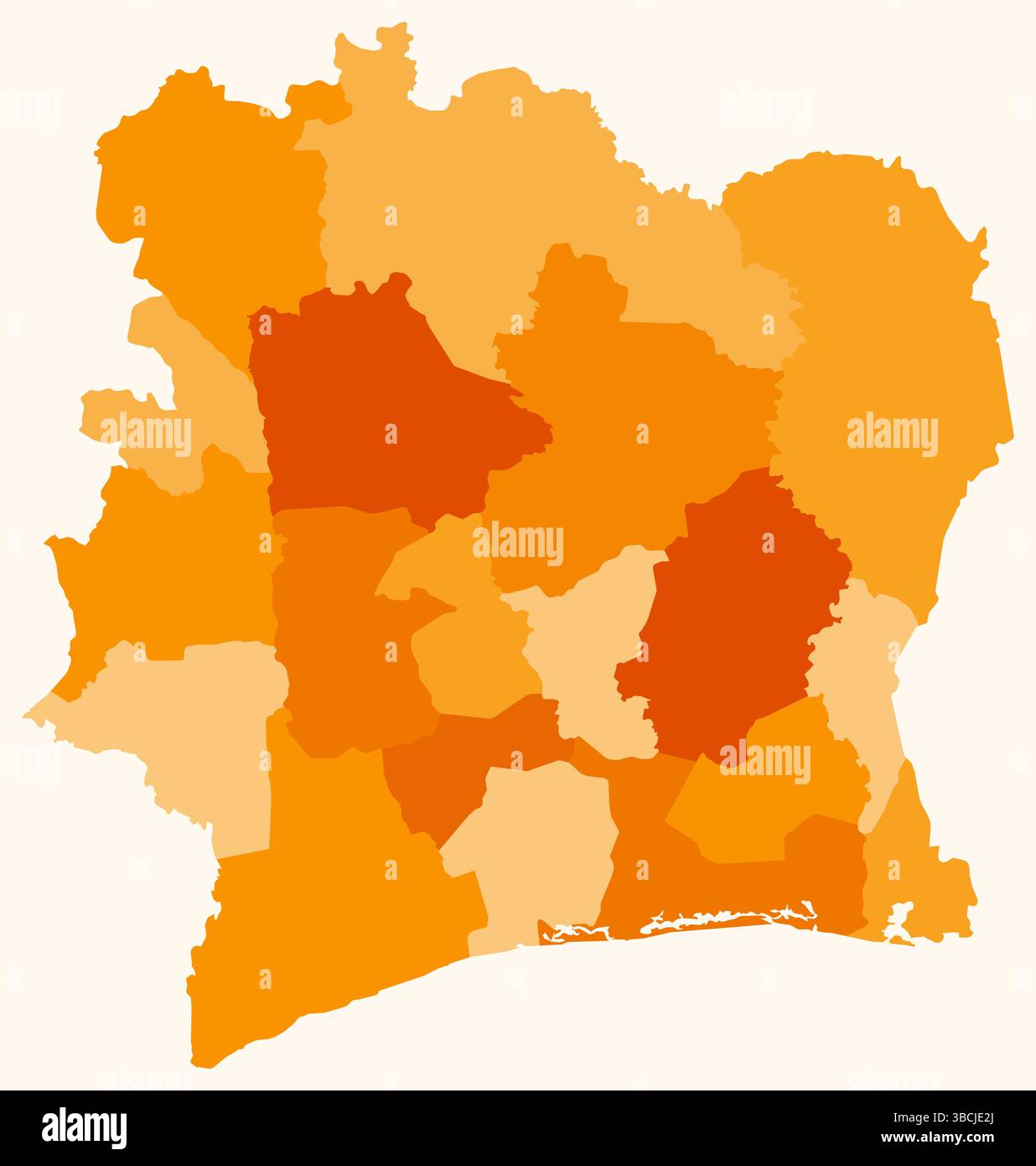Carte de Côte d'Ivoire avec les régions. Juste une carte de frontière de pays simple avec division de région. Palette de couleurs orange. Illustration de Vecteur