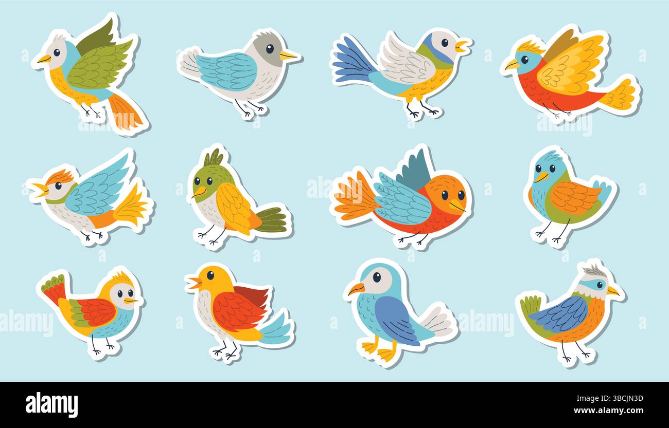 Ensemble d'autocollants de bande dessinée colorés avec des oiseaux dans un style plat, mettant en vedette diverses espèces avec des plumes vives. Autocollants de vol, de chant et de perche bi Illustration de Vecteur