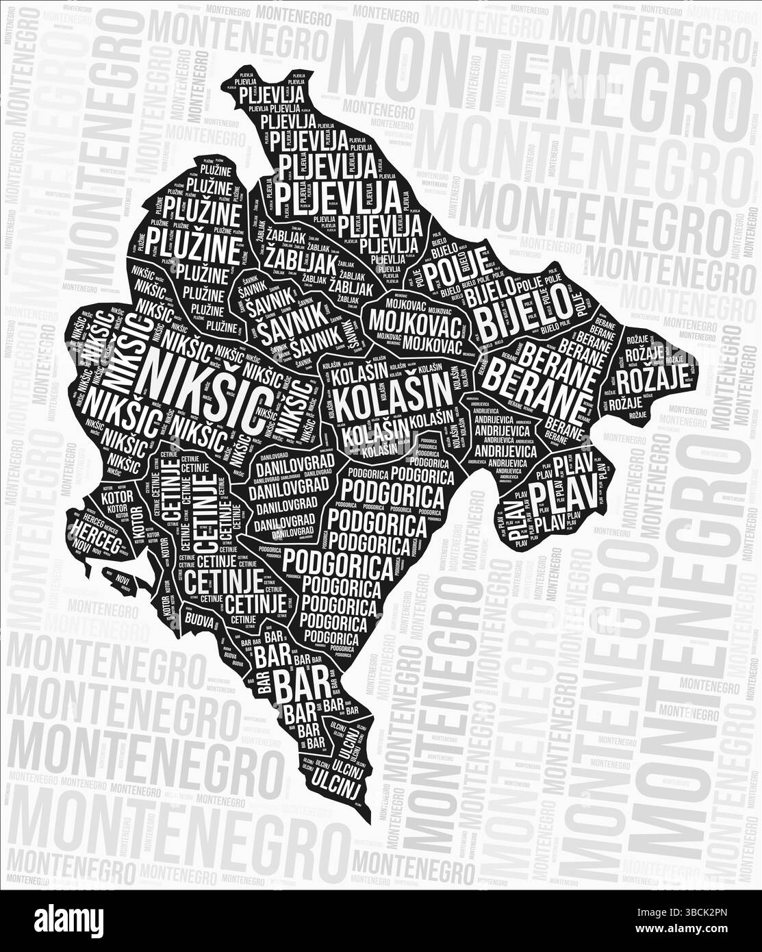 Nuage de mots cartographiques des régions du Monténégro. Noms des régions du Monténégro. Conception de carte en noir et blanc. Illustration vectorielle créative. Illustration de Vecteur