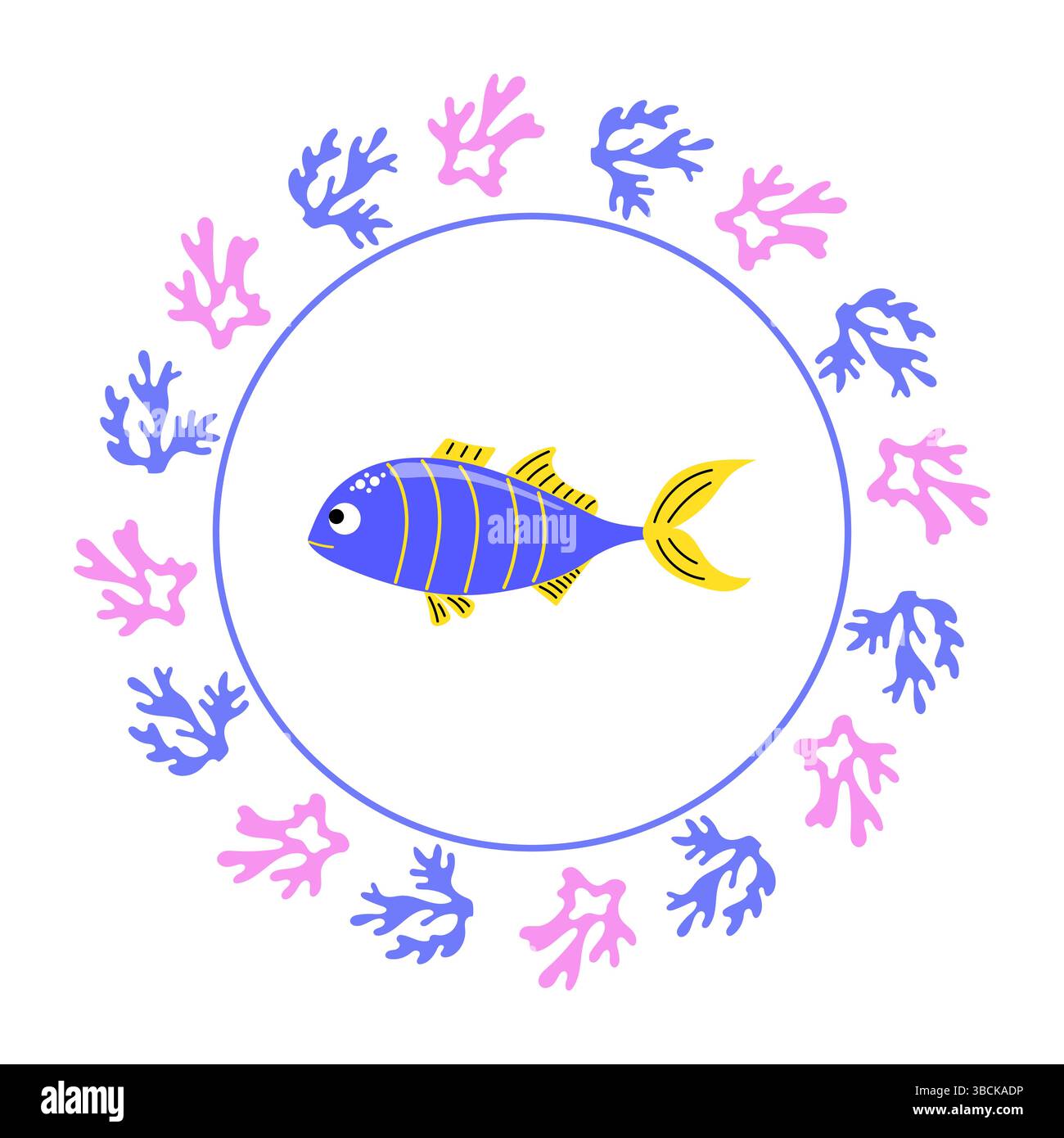 Poisson tropical avec corail dans un cadre rond. Illustration de Vecteur