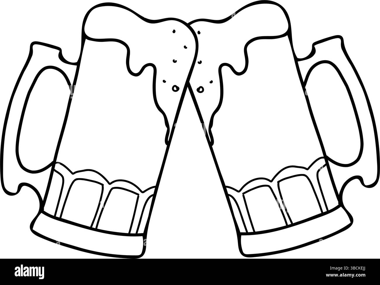 Deux tasses à bières pleines grillées avec une mousse. Des verres à sertir qui font des encouragements. Symbole de l'Octoberfest et du jour de Patricks. Dessiné à la main noir et blanc Illustration de Vecteur