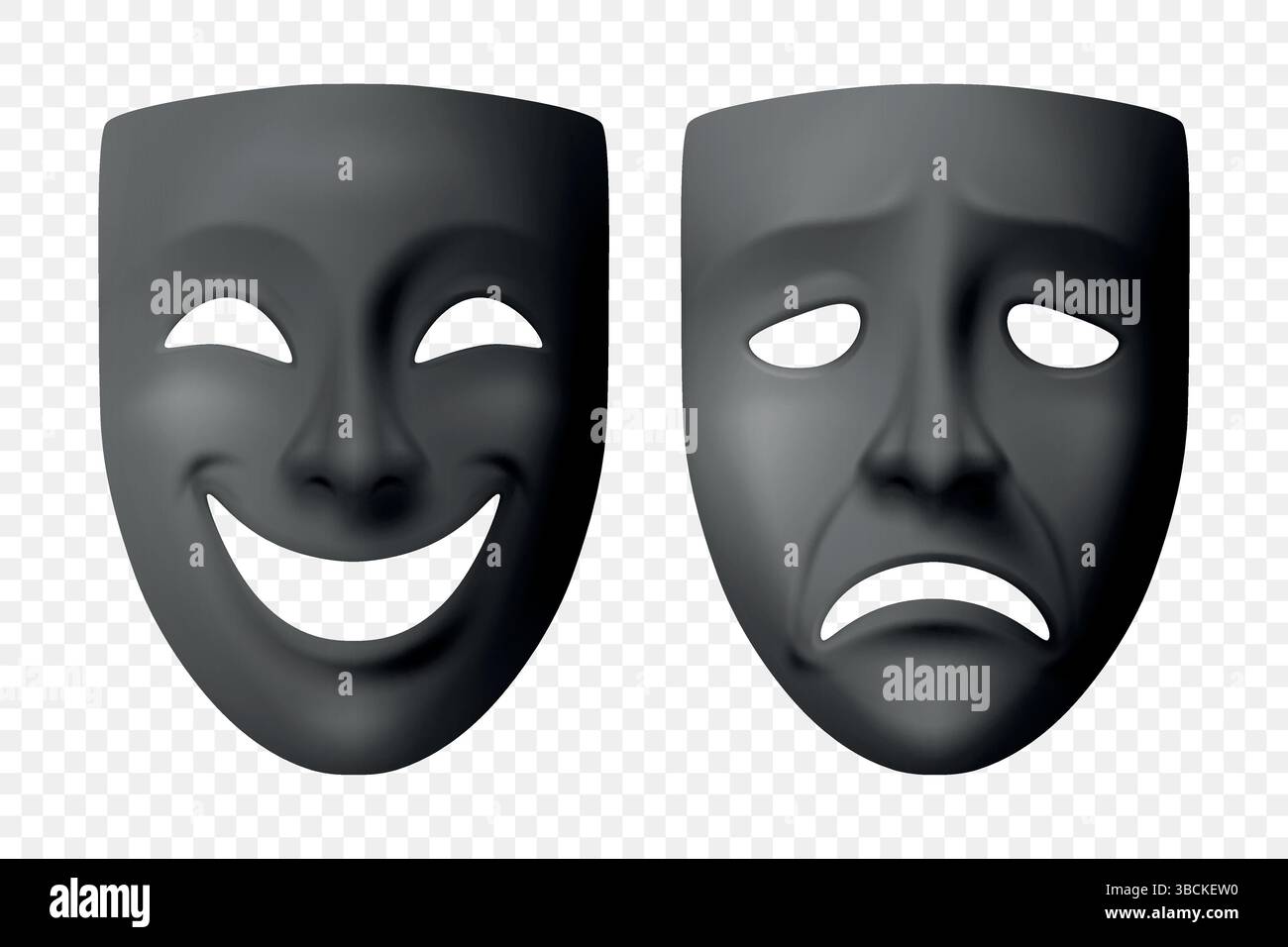 Ensemble de masques de théâtre Vector 3D. Masques de théâtre de comédie réaliste et de tragédie en noir. Masques de théâtre classiques pour drame, représentation théâtrale, acteur, art. Illustration de Vecteur