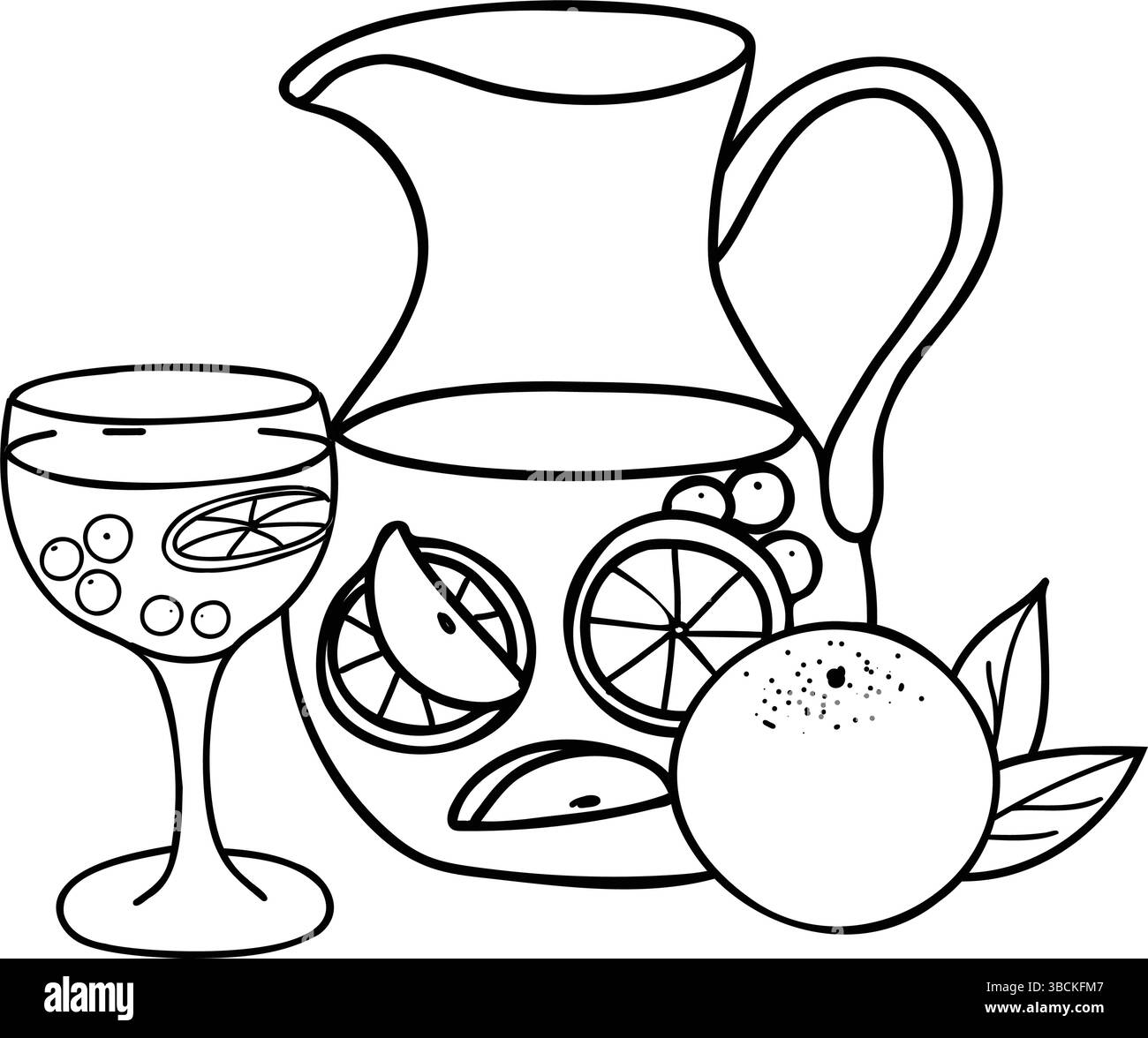 Composition de sangria. Verre à cocktail et pichet ou pichet à l'orange. Boisson rafraîchissante d'été avec divers fruits et baies. Vecteur dessiné à la main Illustration de Vecteur