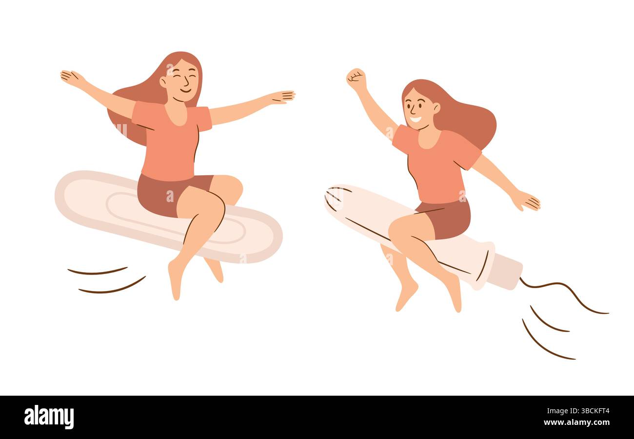 Illustration vectorielle de l'hygiène féminine. Femme confiante chevauchant le tampon sanitaire et tampon. Hygiène féminine Vector Art pour la santé menstruelle, féminine Illustration de Vecteur