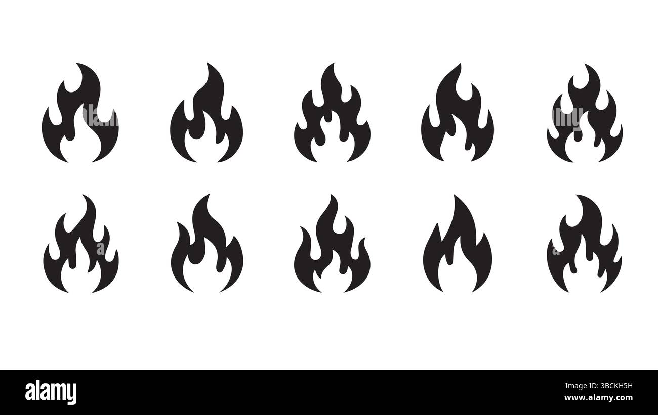 Black Flame Vector Pack – 10 silhouettes d'icônes de feu uniques pour logos, UI Design, décalques, tatouages et projets d'art numérique Illustration de Vecteur
