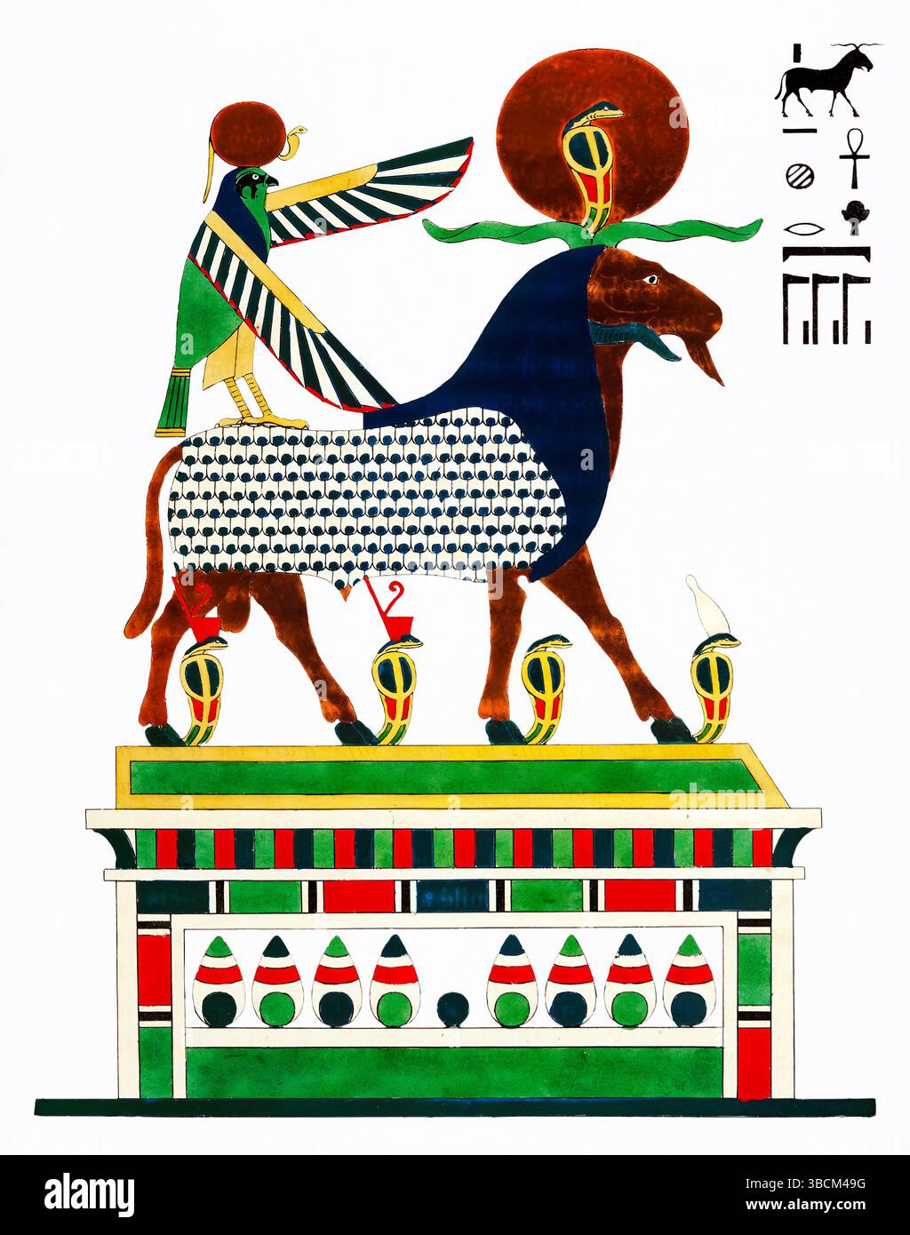 Gravure antique colorée à la main d'Amon Ré, divinité suprême dans la mythologie égyptienne antique, illustrée par Léon Jean Joseph Dubois pour Panthéon égyptien ( Banque D'Images