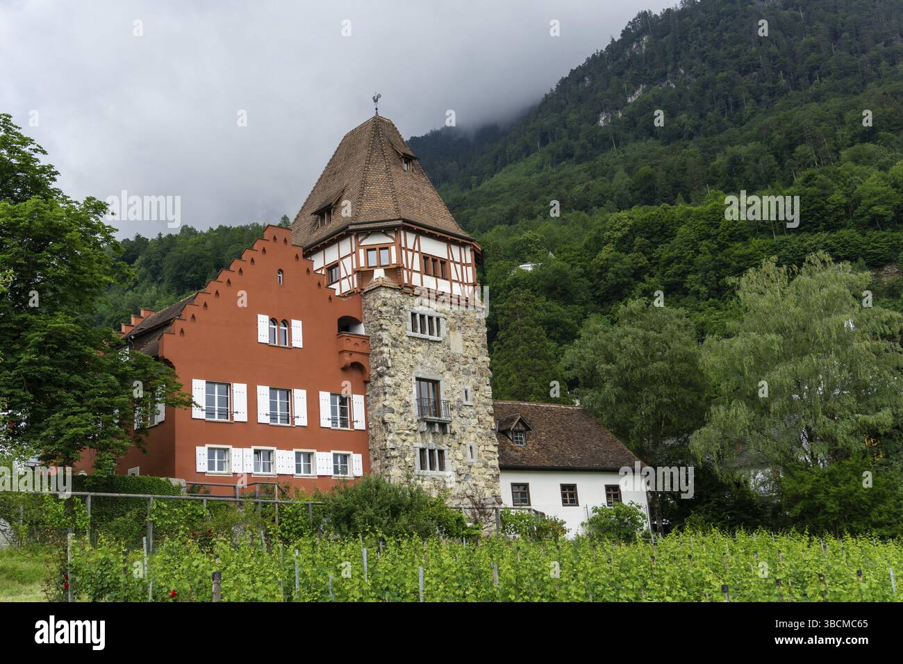 Liechtenstein - 16 juin 2020 : vue horizontale de la Maison Rouge historique du XIIIe siècle à Vaduz au Liechtenstein Banque D'Images