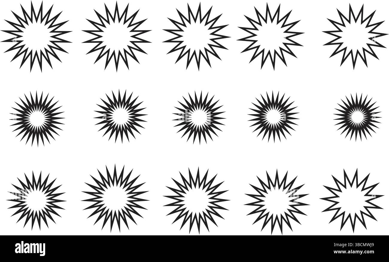 Collection d'éléments vectoriels Sunburst monochrome pour des concepts d'arrière-plan abstraits minimaux et des motifs graphiques à contraste élevé. Illustration de Vecteur