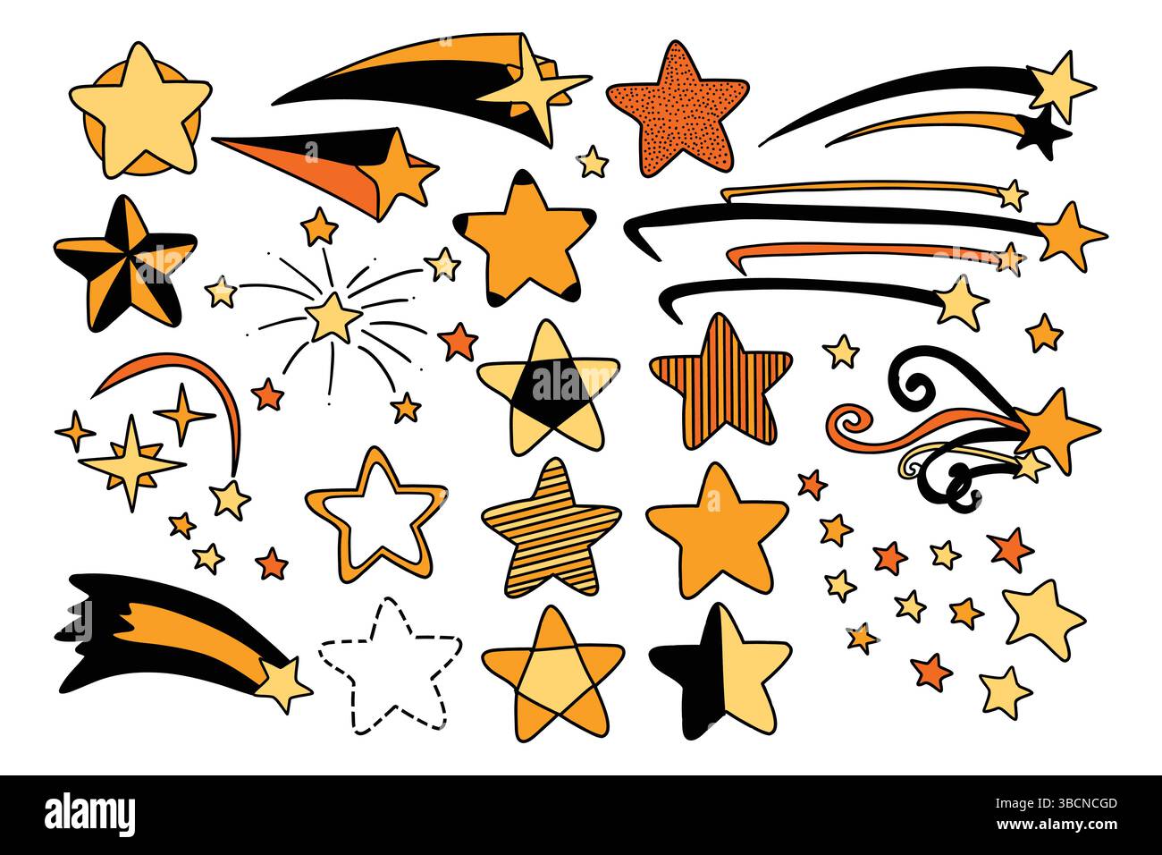 La collection d'étoiles fantaisistes présente des étoiles filantes dessinées à la main et des formes d'étoiles classiques, évoquant Illustration de Vecteur