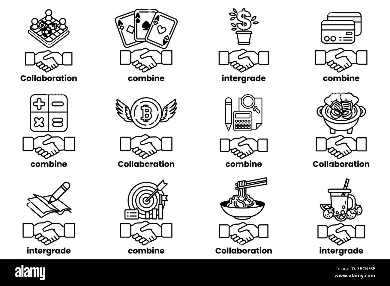 L'image est une collection de poignées de main avec différentes significations. Les poignées de main sont accompagnées de divers symboles, tels qu'une pièce de monnaie, une calculatrice, un Cu Illustration de Vecteur
