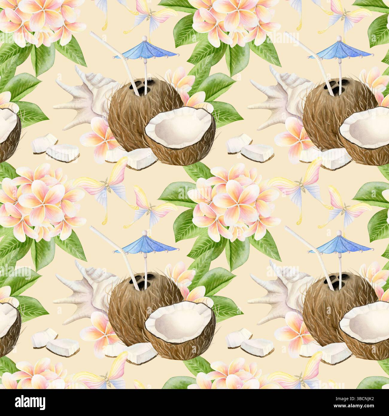 Aquarelle cocktails noix de coco motif sans couture avec fleurs de plumeria, papillons et coquillages sur beige pastel. Fond de répétition tropicale d'été avec Banque D'Images