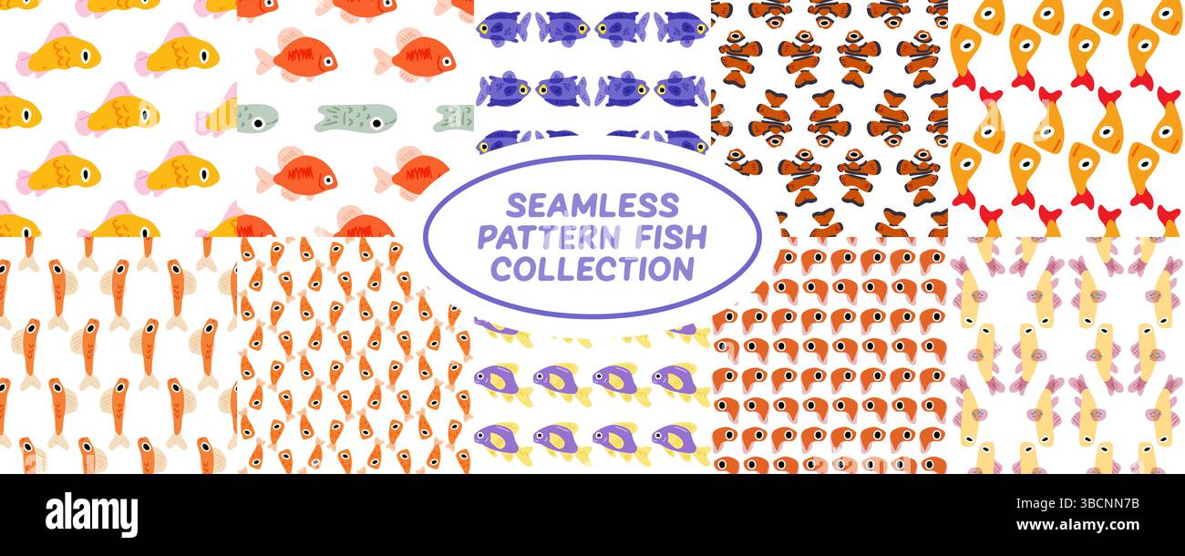 Collection de 10 motifs de poissons de bande dessinée sans couture dans différentes couleurs et styles, disposés dans une disposition carrelée colorée. Illustration de Vecteur