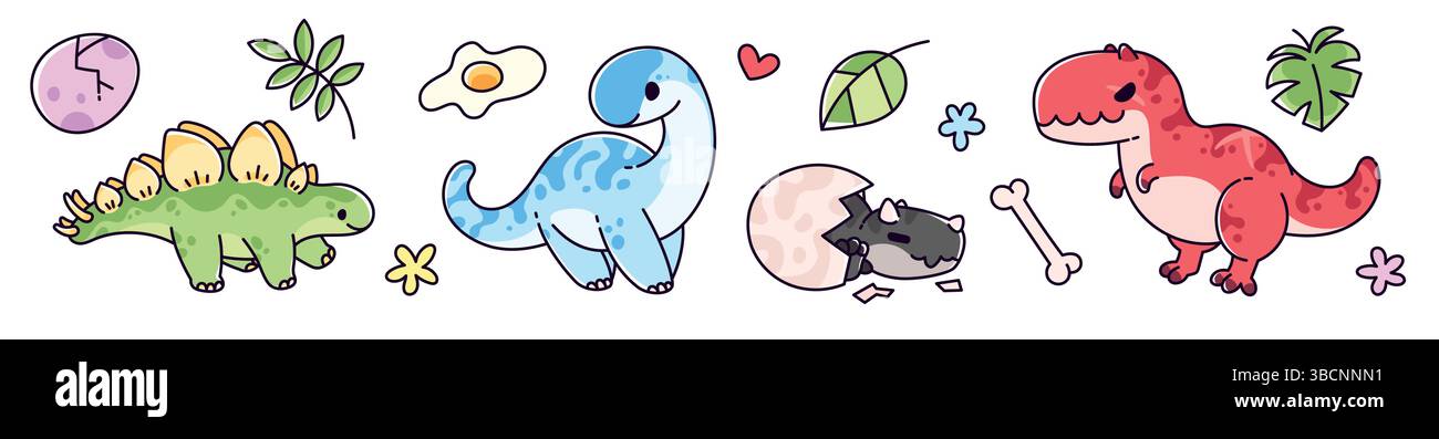 Ensemble de personnages de dinosaure mignon - adorable bébé Dino dessins animés. Brontosaure drôle, tyrannosaurus rex, tricératops et Stegosaurus. Animal jurassique Kawaii, mascotte préhistorique enfantine, élément de design pour enfants Illustration de Vecteur