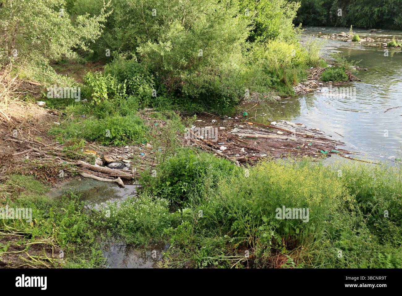 Benevento - Detriti nel Fiume Sabato presso il Ponte Leproso Banque D'Images