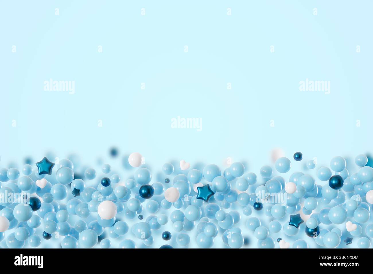 Ce rendu 3D présente un fond sur le thème garçon rempli de sphères vibrantes dans différentes nuances de bleu, blanc et accents de sarcelle, offrant amplement Banque D'Images