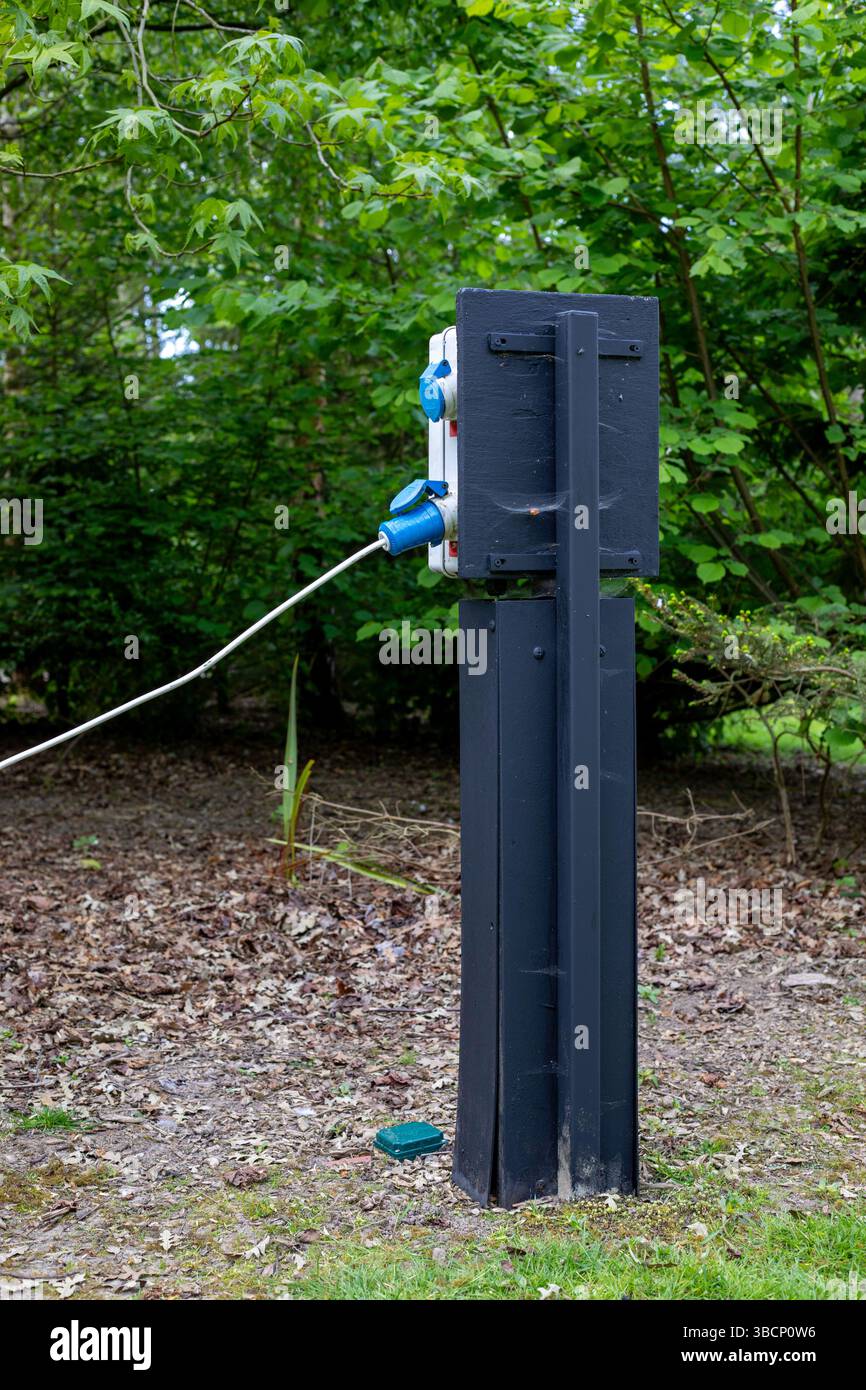Un point de branchement électrique dans un camping forestier Banque D'Images