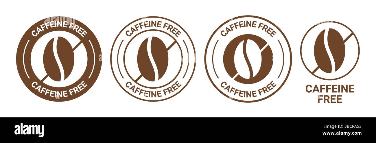 Illustration d'icône vectorielle d'étiquette libre de caféine pour le paquet de produit. Logo sans caféine, symbole sans caféine, badge, étiquette, timbre, sceau, autocollant, marque, Illustration de Vecteur