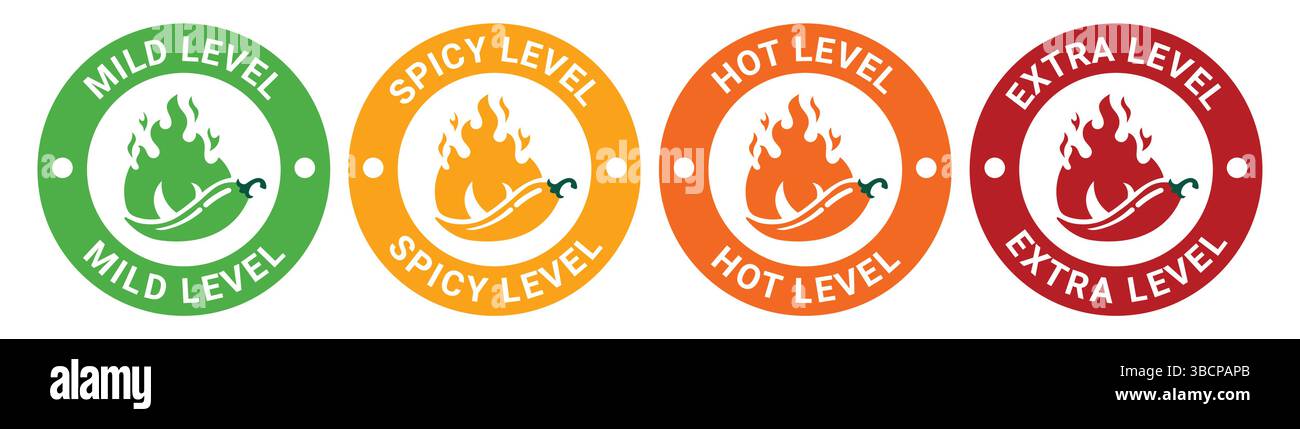 Icône de flammes de feu de piment rouge. Niveau de piment doux, niveau épicé, niveau chaud, niveau extra. Icônes chaudes épicées vertes, jaunes, oranges. Logo épicé. Illustration de Vecteur