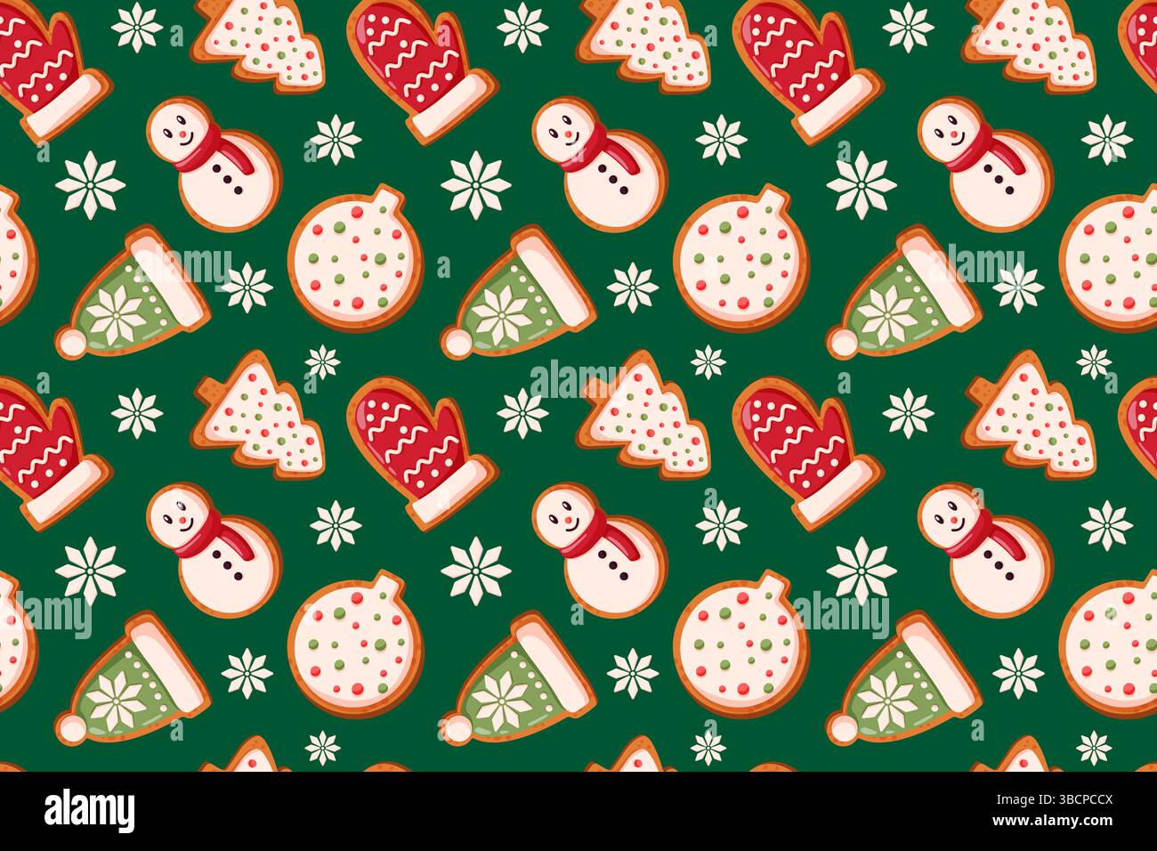 Motif de biscuit de pain d'épice sans couture de Noël avec bonhomme de neige de boulangerie festif, mitaine, chapeau, arbre et flocon de neige sur fond vert. Style dessin animé Illustration de Vecteur