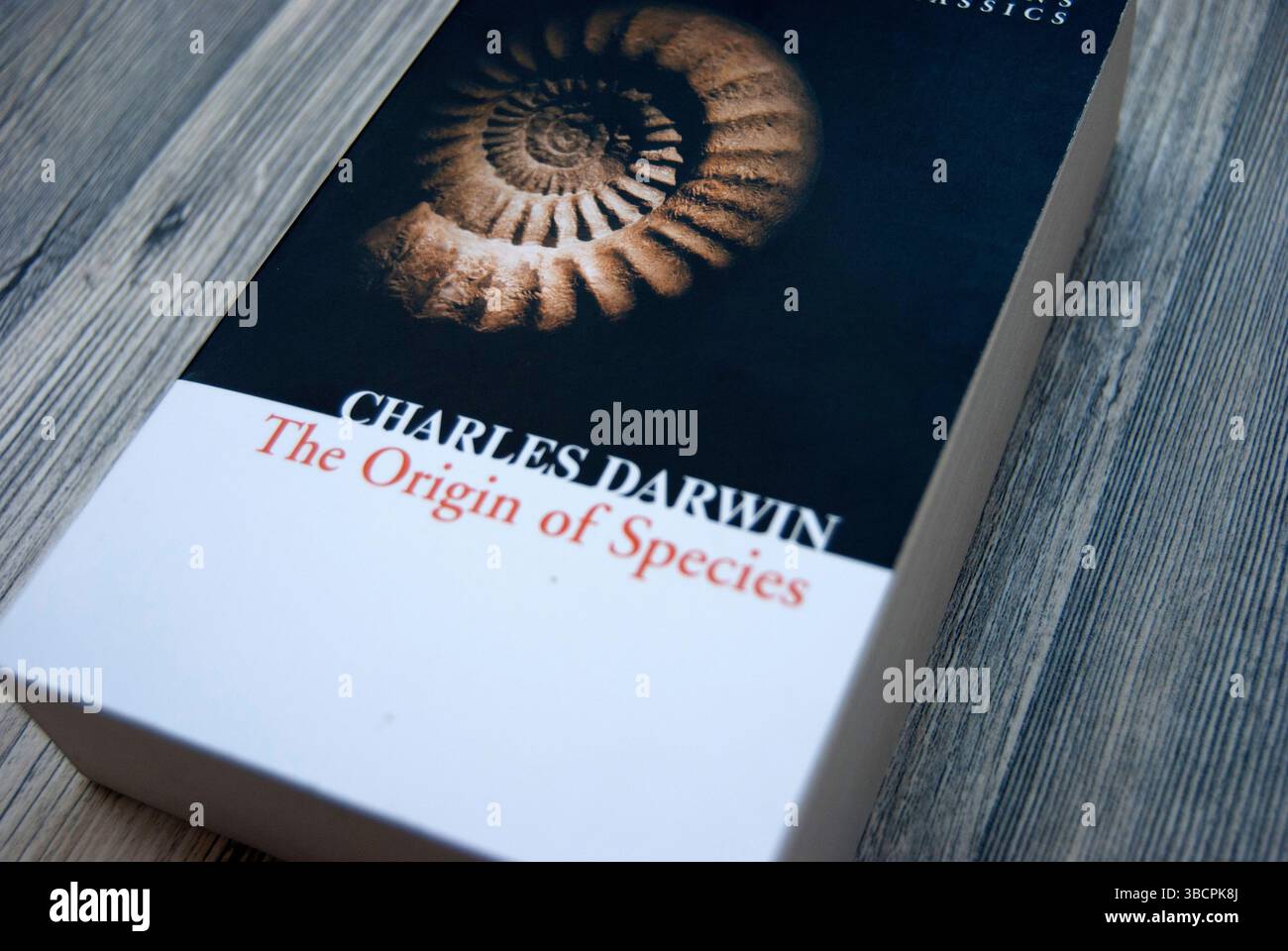 Livre de Charles Darwin 'L'origine des espèces' sur une surface en bois. Kiev, Ukraine - 12 -13 -2024. Banque D'Images
