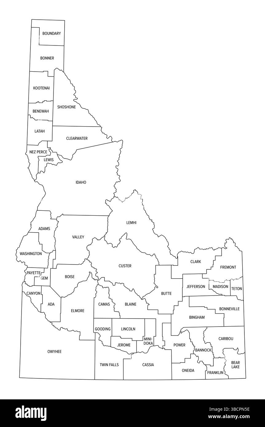 État de l'Idaho, subdivisé en 44 comtés, carte de contour avec les frontières et les noms des comtés. État de la région Mountain West aux États-Unis. Banque D'Images