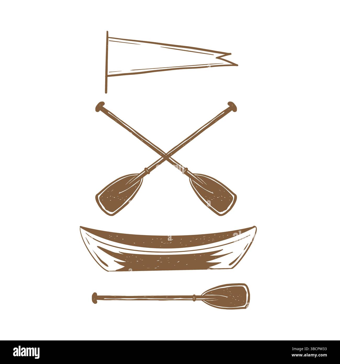 TSet d'illustrations dessinées à la main bateau en bois, rames, drapeau. Ensemble d'icônes de voyage. Deux pagaies de bateau ou canoë Oars icône de vecteur plat pour les applications nautiques et les sites Web. Illustration vectorielle Illustration de Vecteur