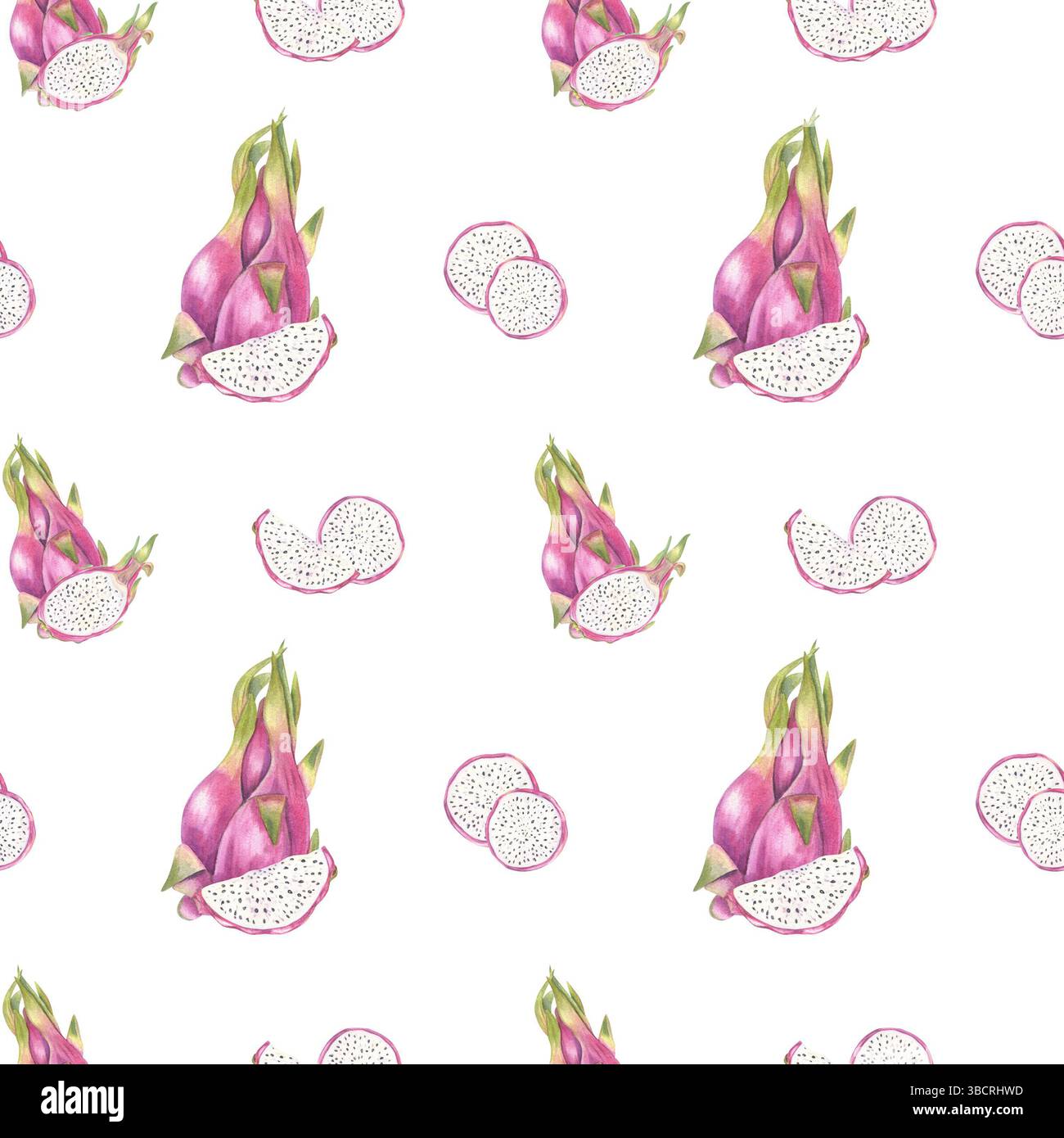 Aquarelle pitaya Seamless motif isolé fond. Fruits de dragon roses entiers et sections tranchées avec chair blanche et illustration de graines noires Banque D'Images