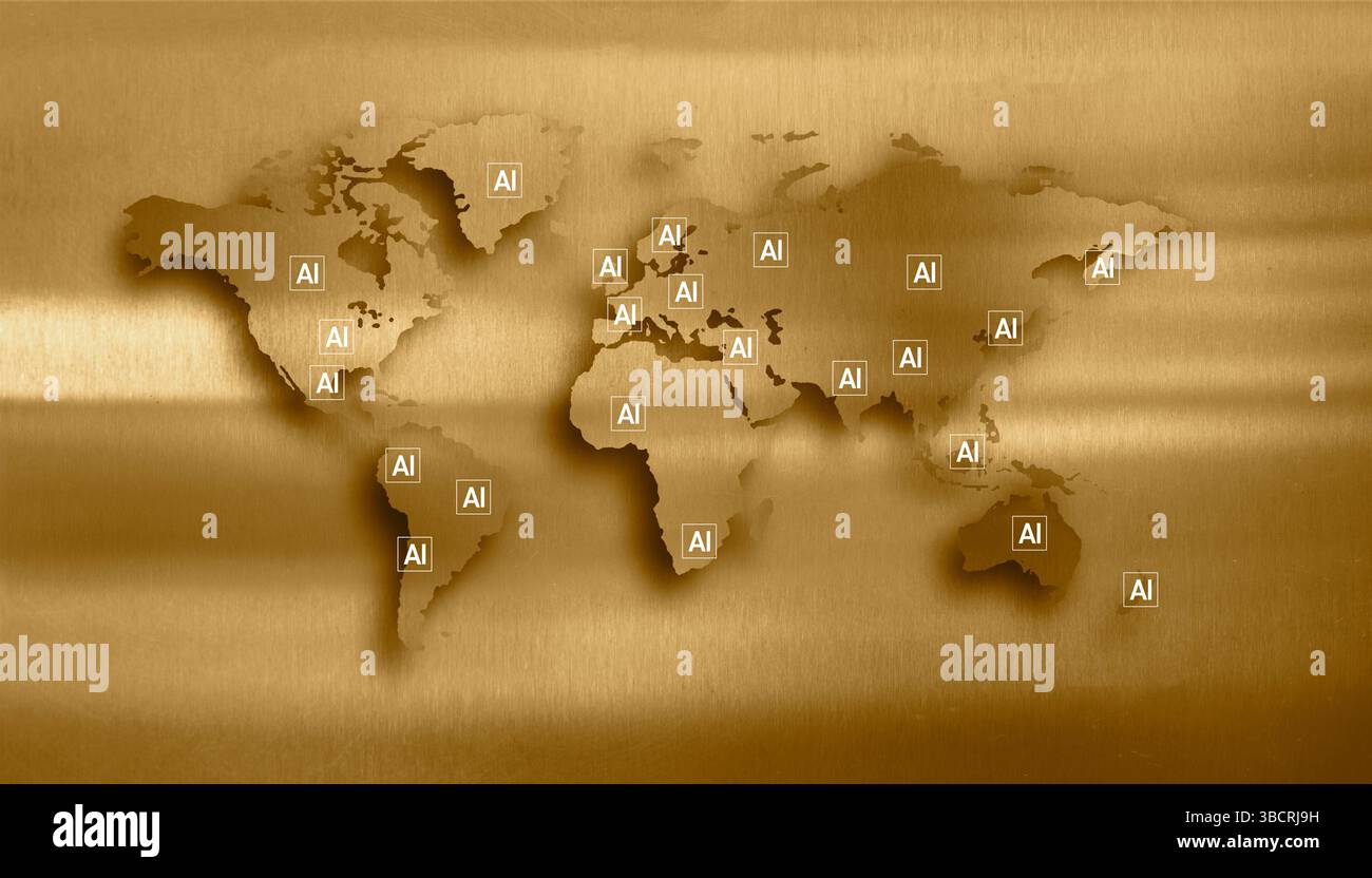 Image générée numériquement des signes ai sur la carte du monde Banque D'Images
