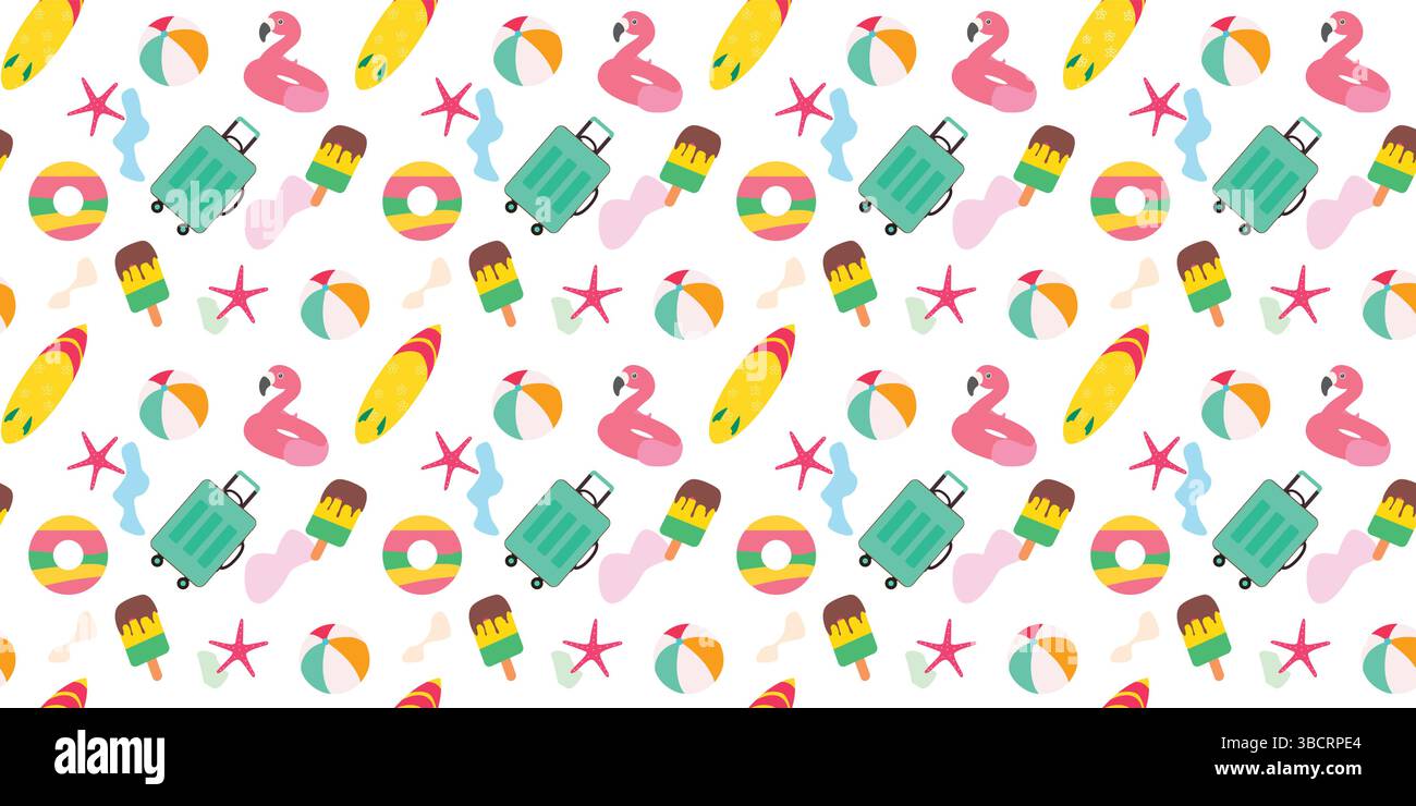 Summer Elements ensemble clipart sans couture. Collection d'art clip d'éléments de dessin et de contour d'été. Illustration vectorielle de fond continu d'été. Illustration de Vecteur