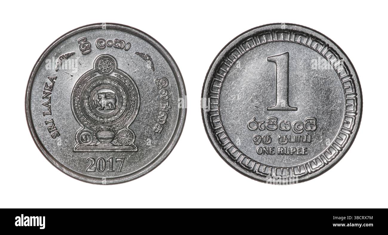 Les deux faces de la pièce de 1 roupie sri-lankaise (2017) avec l'emblème national du Sri Lanka sur l'avers. Banque D'Images