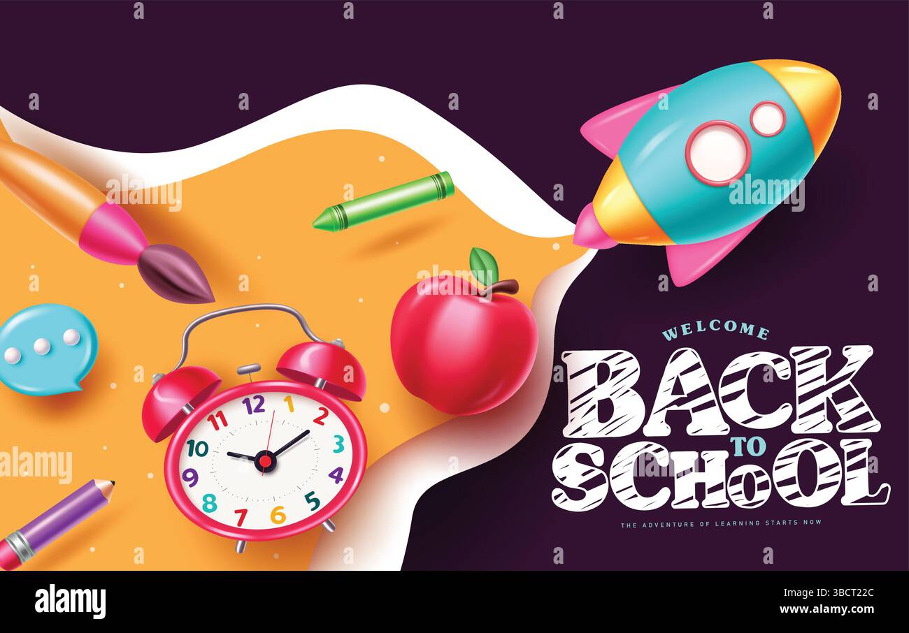 Design de bannière clipart de retour à l'école. Bienvenue retour à l'école texte de salutation avec élément éducatif coloré dans le concept de coupe de papier, illustration vectorielle Illustration de Vecteur