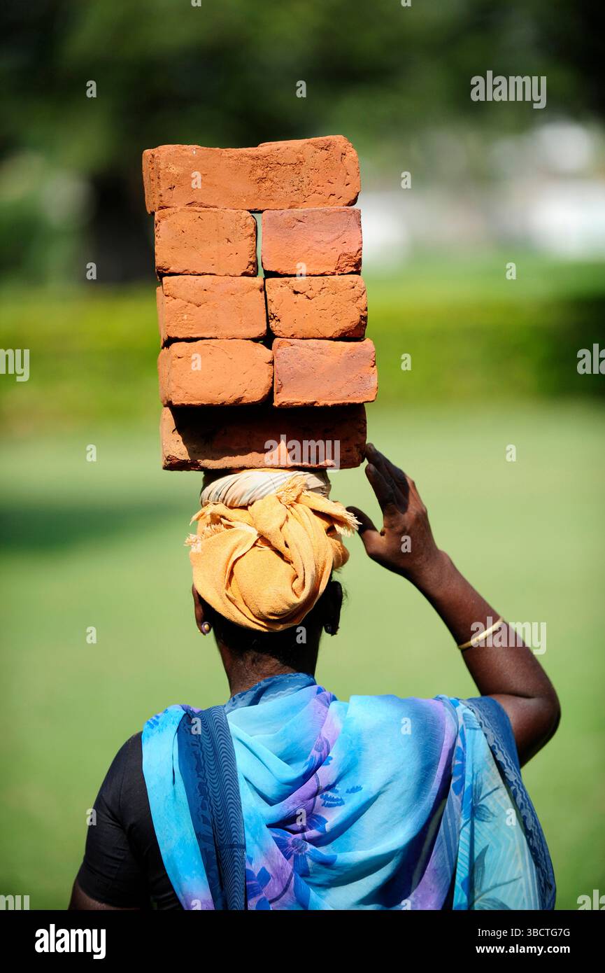 Asie,Inde du Sud,Tamil Nadu,portrait d'une jeune femme portant sur la t te des briques/ Une femme portant des briques sur sa tête dans une usine de briques à Tami Banque D'Images