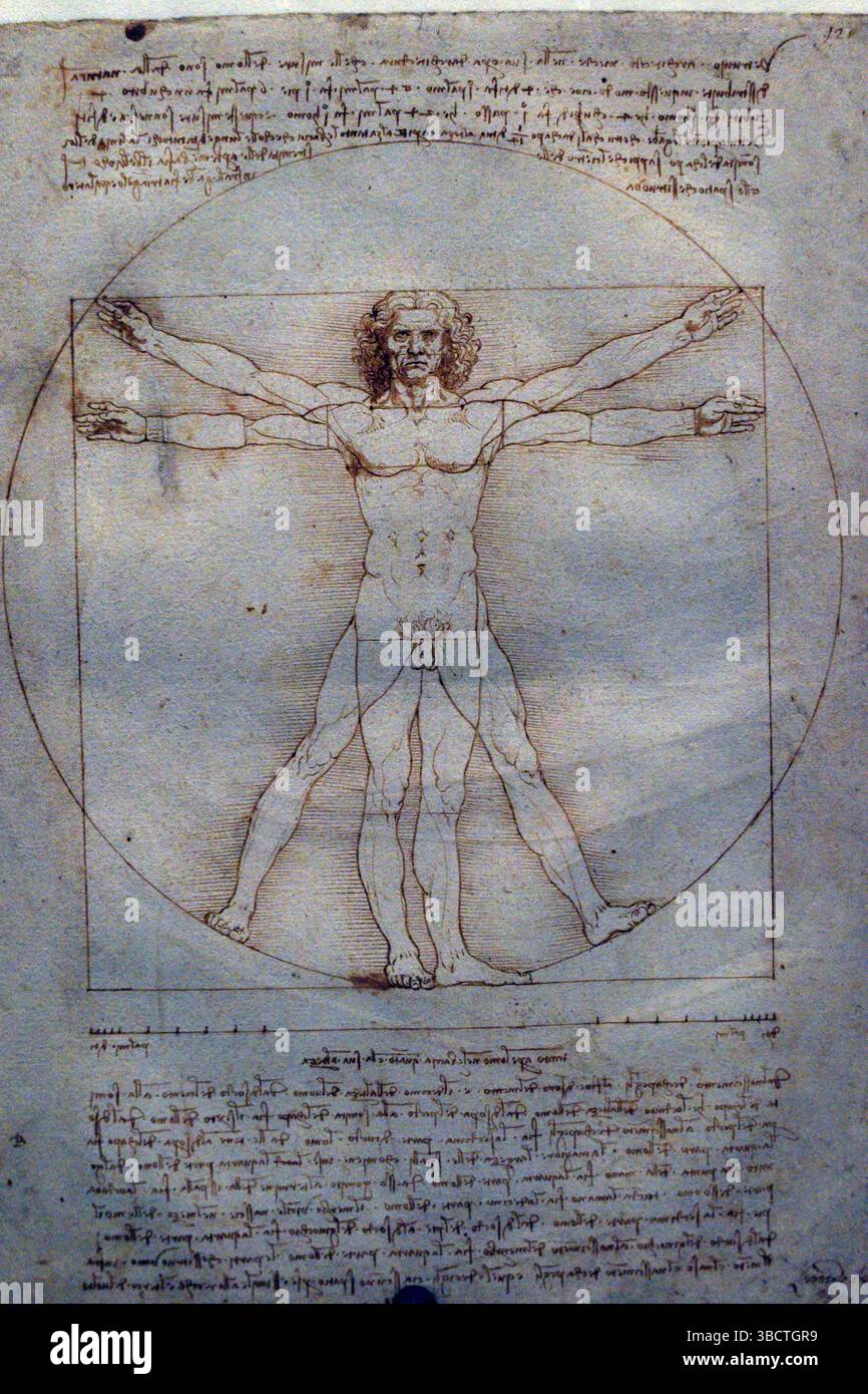 Homme vitruvien, 1490, stylo et encre avec lessive sur métal point sur papier, Leonardo da Vinci, Gallerie dell'Accademia, Venise, Italie. Banque D'Images
