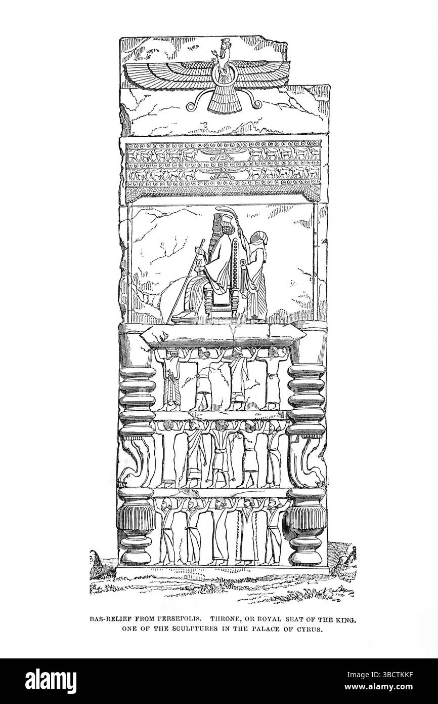 Illustration d'un Bas-relief du trône de Persépolis ou siège royal du roi d'après une sculpture dans le Palais de Cyrus de l'ancien 19ème siècle le Hô Banque D'Images