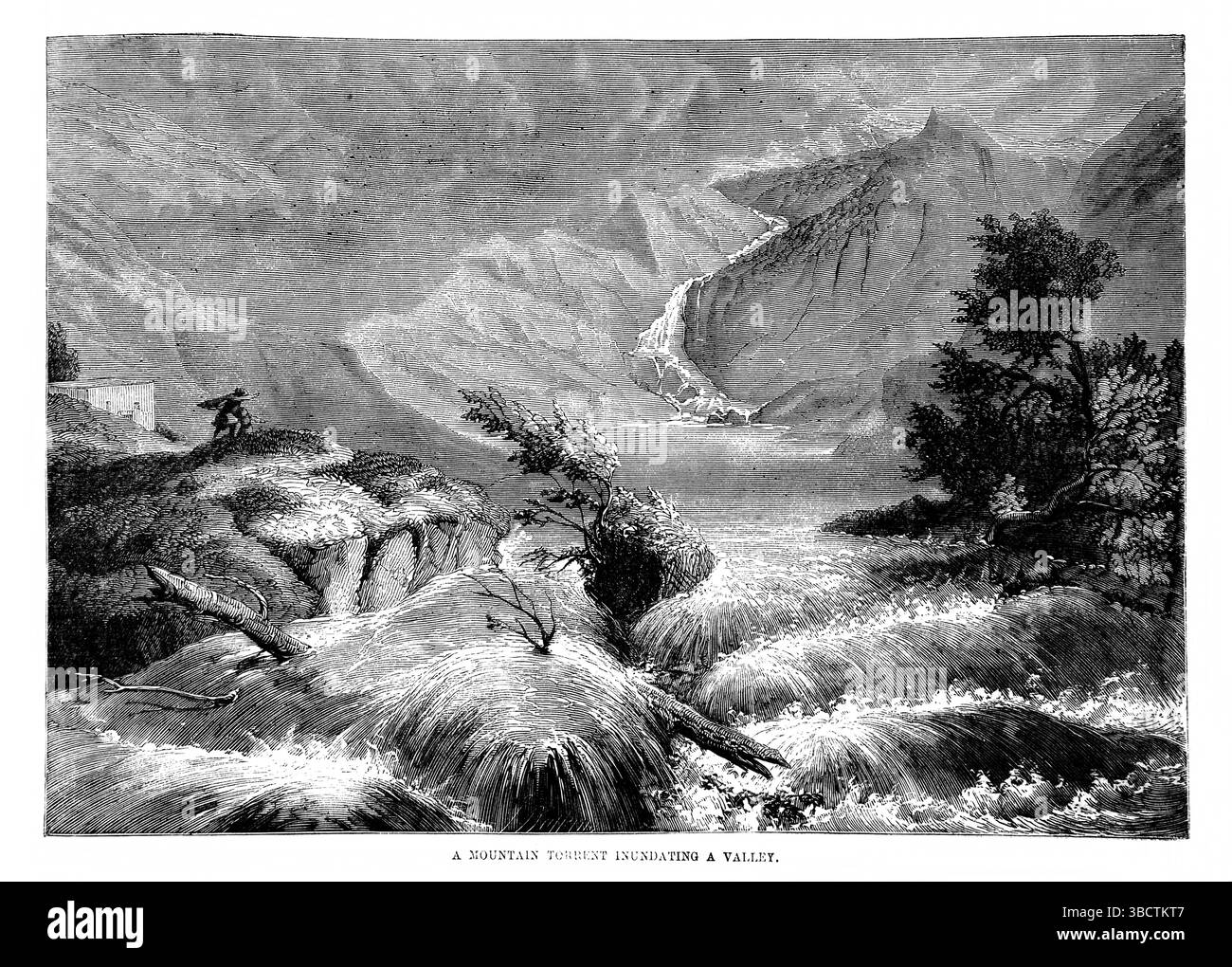 Illustration d'Un torrent de montagne inondant une vallée (Job) de l'antique 19ème siècle la Sainte Bible contenant l'ancien et le Nouveau Testament avec Expla Banque D'Images