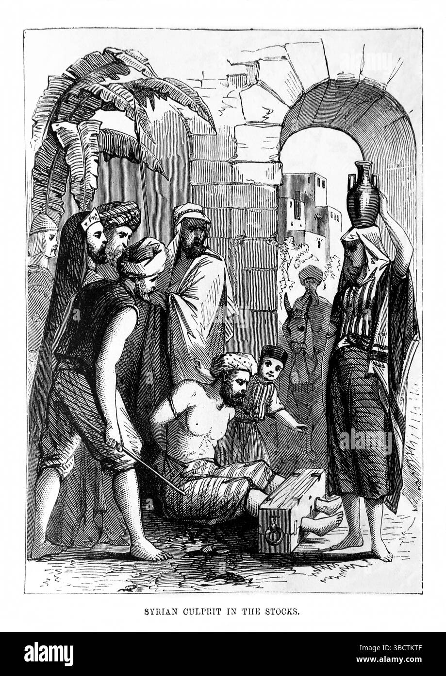 Illustration d'Un coupable syrien dans les stocks de l'Antiquité du XIXe siècle la Sainte Bible contenant l'ancien et le Nouveau Testament avec Notes explicatives, Banque D'Images