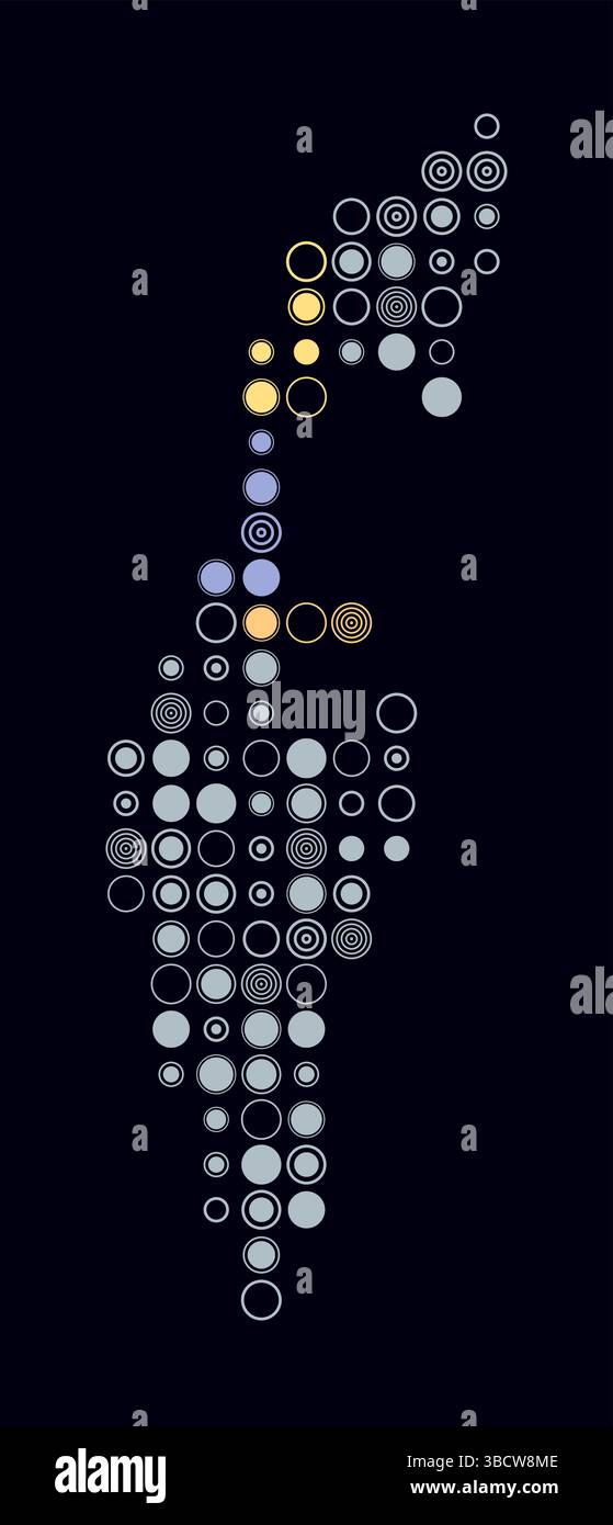 Israël, forme du pays construction de cellules colorées. Carte de style numérique de l'Israël sur fond sombre. Blocs circulaires de grande taille. Illustration de Vecteur