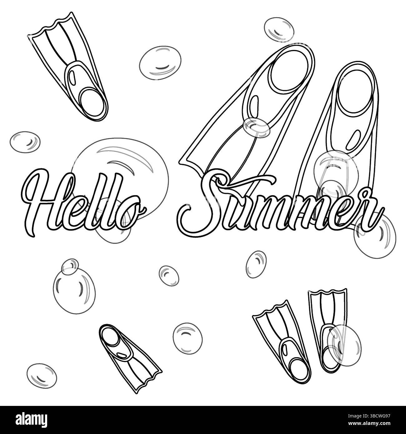 Contour de page de coloriage dessinant une scène de Hello Summer carte de voeux sous-marine avec bulles et palmes de plongée. Pour divertir les enfants, été, mariti Illustration de Vecteur