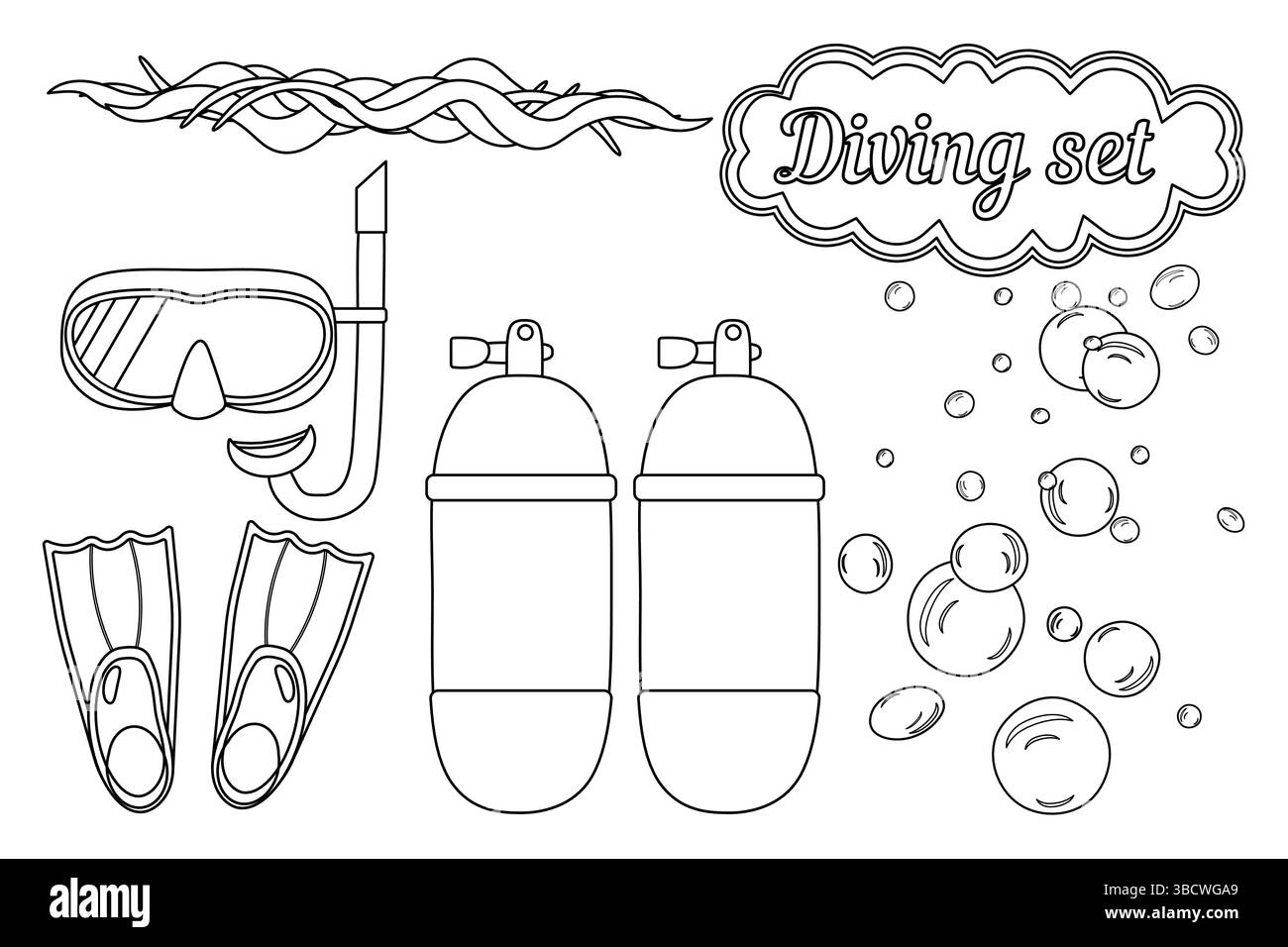 Coloriage dessin de contour d'été d'un ensemble d'équipement de plongée - tuba et masque, palmes de natation ou palmes, réservoirs d'air de plongée à l'oxygène, vague et bulle d'eau Illustration de Vecteur