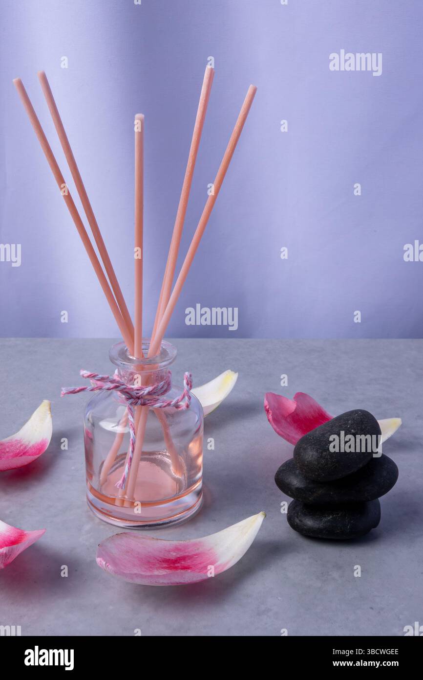 Un diffuseur de roseau est placé sur une surface grise à côté de pierres noires lisses et de pétales de rose dispersés, créant une atmosphère apaisante. Banque D'Images