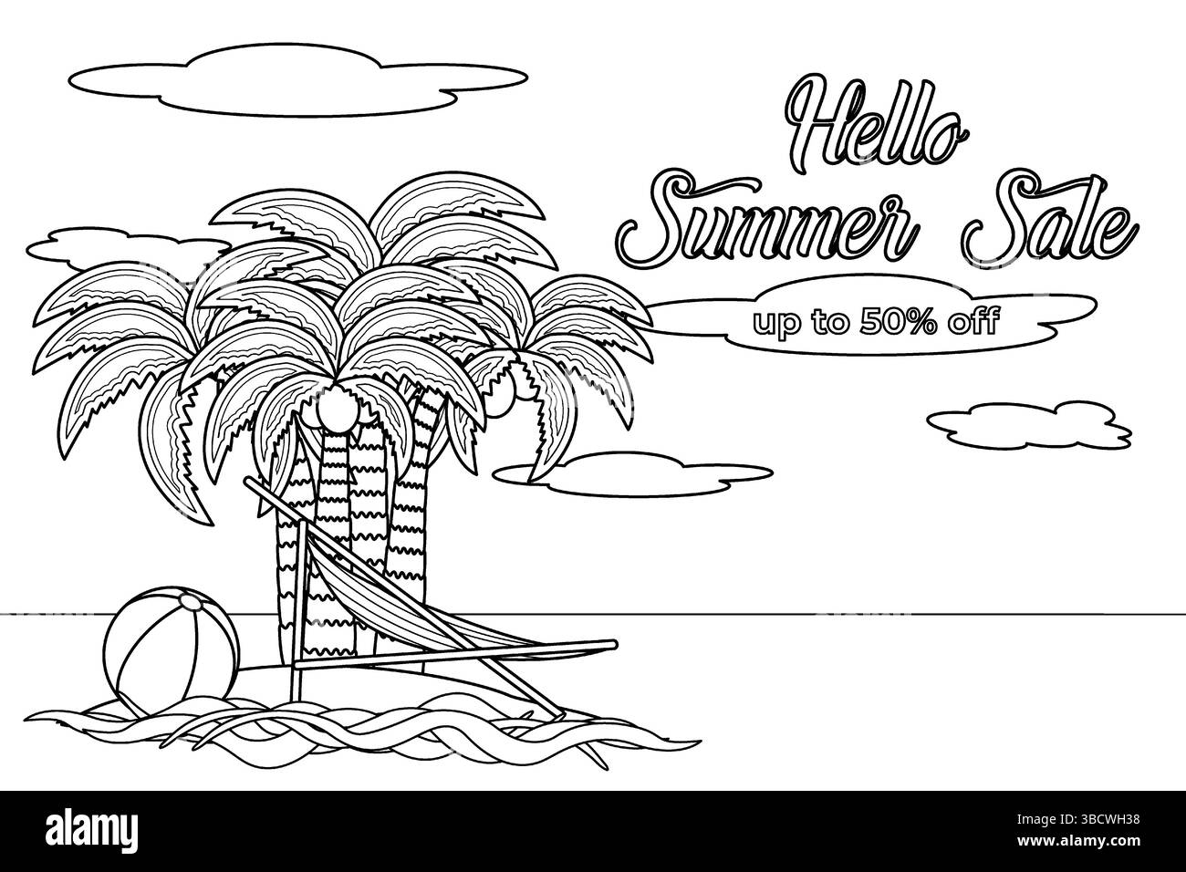 Contour de page de coloriage dessinant une scène de Hello Summer Sale bannière avec des palmiers, hamac, Beach Ball, et vagues océaniques. Pour se divertir, l'été Illustration de Vecteur