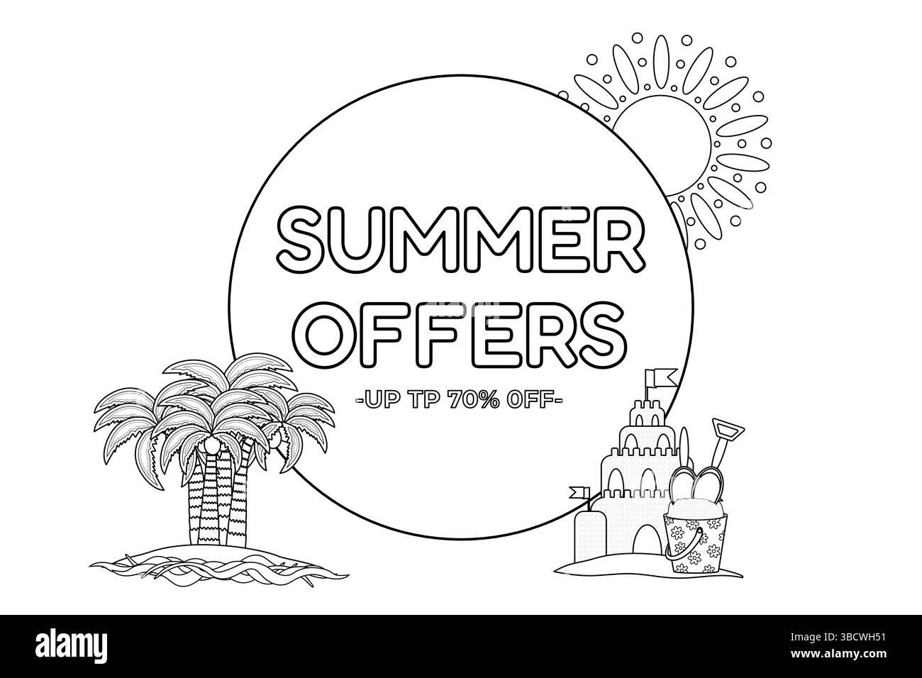 Dessin de contour de page de coloriage de la bannière de vente d'été avec château de sable, pelles, seau, soleil, palmiers, et texte de remise. Pour se divertir, summertim Illustration de Vecteur